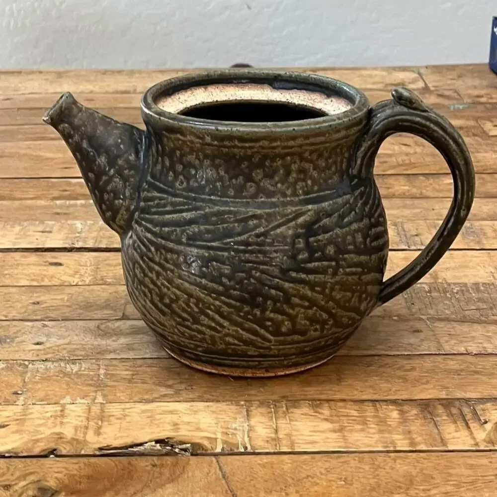 Handmade Stoneware Pottery Teapot Dark Green Textured Finish Artist Signed